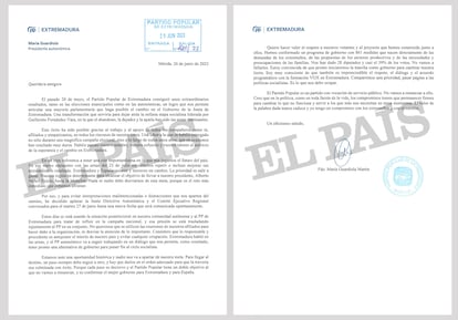 Carta de María Guardiola a la que ha tenido acceso EL PAÍS.