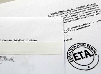 Detalle de una carta de extorsión de ETA fechada el año pasado en la que exige el pago de 400.000 euros.