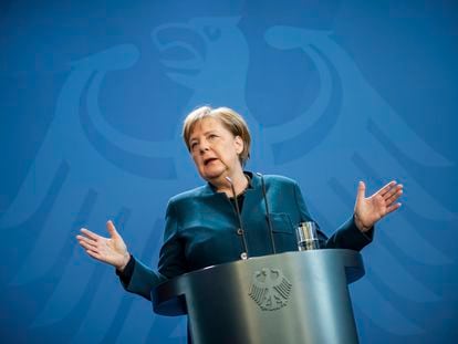 Angela Merkel, en una rueda de prensa este domingo 22 de marzo