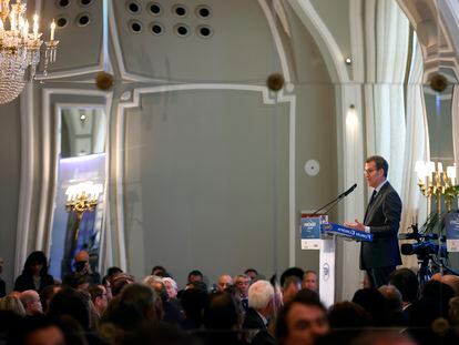 El líder del PP, Alberto Núñez Feijóo, en un desayuno informativo el pasado lunes en Madrid.
