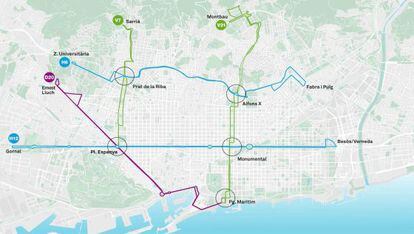 Mapa de las cinco primeras l&iacute;neas de la nueva red de autobuses de Barcelona.