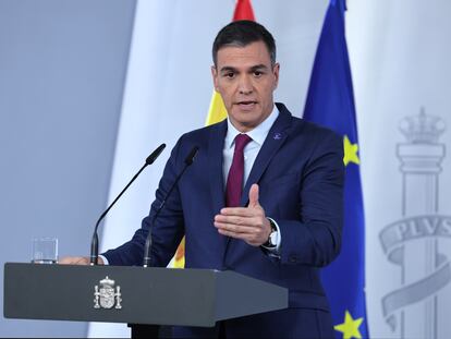 Pedro Sánchez, este martes en su comparecencia en La Moncloa tras su reunión con el Rey, dentro de la ronda de contactos de Felipe VI para la investidura.