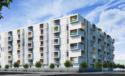 Recreación de una nueva promoción inmobiliaria de Jarquil en Sevilla.