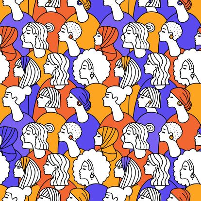 Different adult women s head seamless pattern background. Feminist International Women s, Mother s Day. Women support, girl power. Hand drawn line drawing doodle vector illustration.