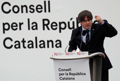 El expresident Puigdemont, en el mitin de Perpiñán, en febrero pasado