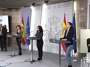  Desde la izquierda, el director general de Ordenación Profesional del Ministerio de Sanidad, Rodrigo Gutiérrez; la portavoz del centro de Alertas y Emergencias Sanitarias, María José Sierra; la directora general de Farmacia, Patricia Lacruz, y la directora del Instituto de Salud Carlos III, Raquel Yotti, durante la rueda de prensa que han ofrecido este sábado. Captura de la señal de video institucional del palacio de La Moncloa.