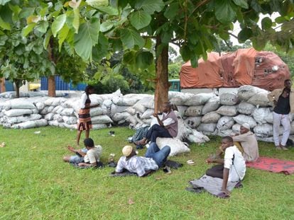 Comerciantes sentados junto al carbón incautado tras la prohibición frente a las oficinas regionales de la Autoridad Forestal Nacional en la ciudad de Gulu, en el norte de Uganda.