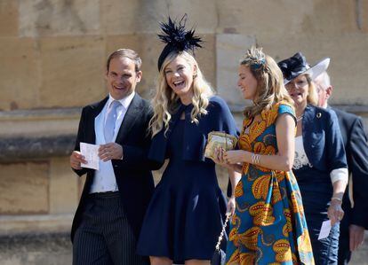 Chelsy Davy (centre) upon arrival for the wedding of her ex, Prince Harry, and Meghan Markle on May 19, 2018 at Windsor Castle. 