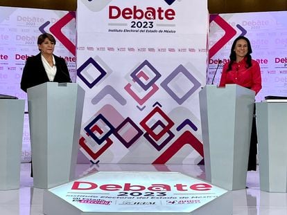 Las candidatas a la gubernatura del Estado de México, Delfina Gómez y Alejandra del Moral, durante el debate.