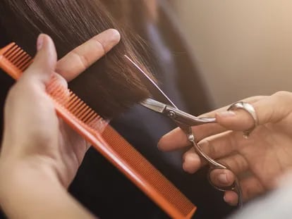 Una peluquera corta el pelo a una clienta.