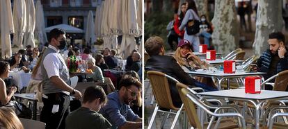 A la izquierda, turistas en las terrazas de la plaza Mayor de Madrid. Al lado, tres clientes en una terraza de Barcelona. VÍCTOR SAINZ / CRISTÓBAL CASTRO