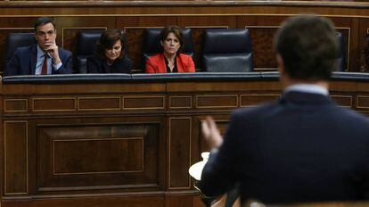 Intervención de Pablo Casado en el Congreso ante Pedro Sánchez, la vicepresidenta del Gobierno y la ministra de Justicia.