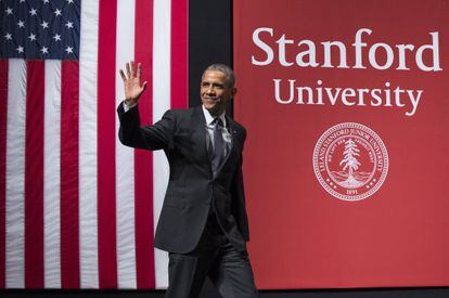 El presidente Barack Obama durante su intervenci&oacute;n en la Universidad de Stanford.