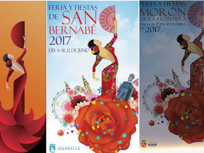 De izquierda a derecha: modelo en el que se 'inspiró' Marinas, cartel de otro autor que no llegó a presentarse en Marbella (Málaga) y el que ganó en la feria de Morón.