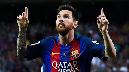 Messi celebra su gol al Alavés.