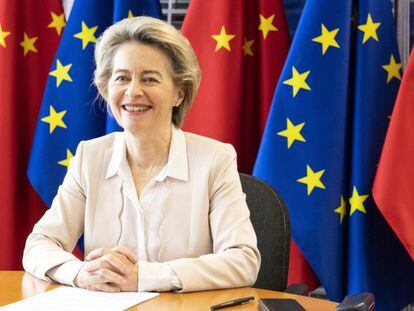 Ursula von der Leyen, durante la videoconferencia entre China y la UE celebrada hoy. 