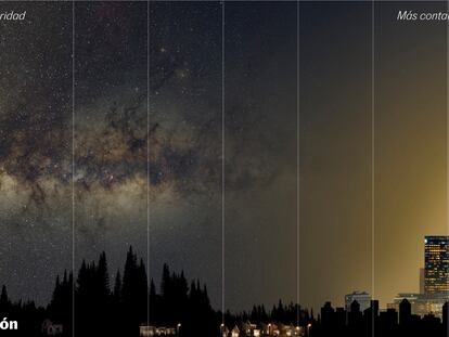 Esta composición muestra cómo es el cielo sobre los distintos entornos terrestres según el grado de contaminación lumínica