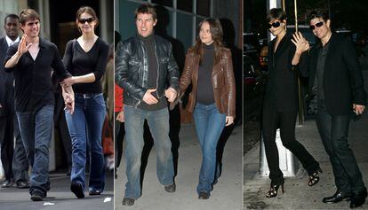 Tom Cruise y la también actriz Katie Holmes formaron uno de los matrimonios con un gusto más parecido —al menos, en cuanto a estilismo— que se recuerda. En la imagen, de izquierda a derecha, la pareja de actores en junio de 2005, enero de 2006 y agosto de 2008.