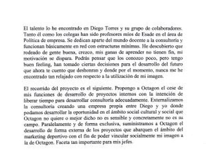 Fragmento del documento enviado por Urdangarin en el que alaba a Torres y anuncia la creación de un proyecto en común.