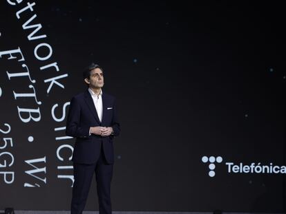 El presidente de Telefónica, José María Álvarez Pallete, durante la inauguración del Mobile World Congress de Barcelona este lunes 27 de febrero.
TELEFÓNICA
27/02/2023
