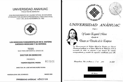 A la izquierda, la tesis de Yasmín Esquivel, y a la derecha, su título expedido por la Universidad Anáhuac.