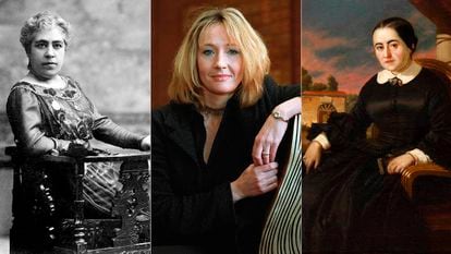 Desde la izquierda, las escritoras Caterina Albert i Paladís,  J. K. Rowling y Cecilia Böhl de Faber.