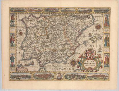 'Nova Hispaniae Descriptio' (1610), de Jodocus Hondius. Este es el primer mapa orlado conocido de España. Los mapas orlados aparecieron a principios del siglo XVII en Holanda y se caracterizan porque el mapa está rodeado por una orla que incluye personajes vestidos con sus atuendos regionales y vistas de ciudades importantes como forma de transmitir información adicional a la puramente cartográfica. La belleza de este tipo de mapas hace que sean muy valorados en el mercado de antigüedades actual, al igual que lo fueron en su día.