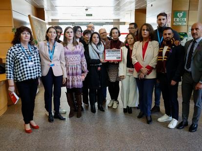 Diputados regionales del PSOE y Más Madrid, este jueves en la entrega de 40.000 firmas en la Asamblea de Madrid contra la modificación de las leyes LGTBI y Trans.