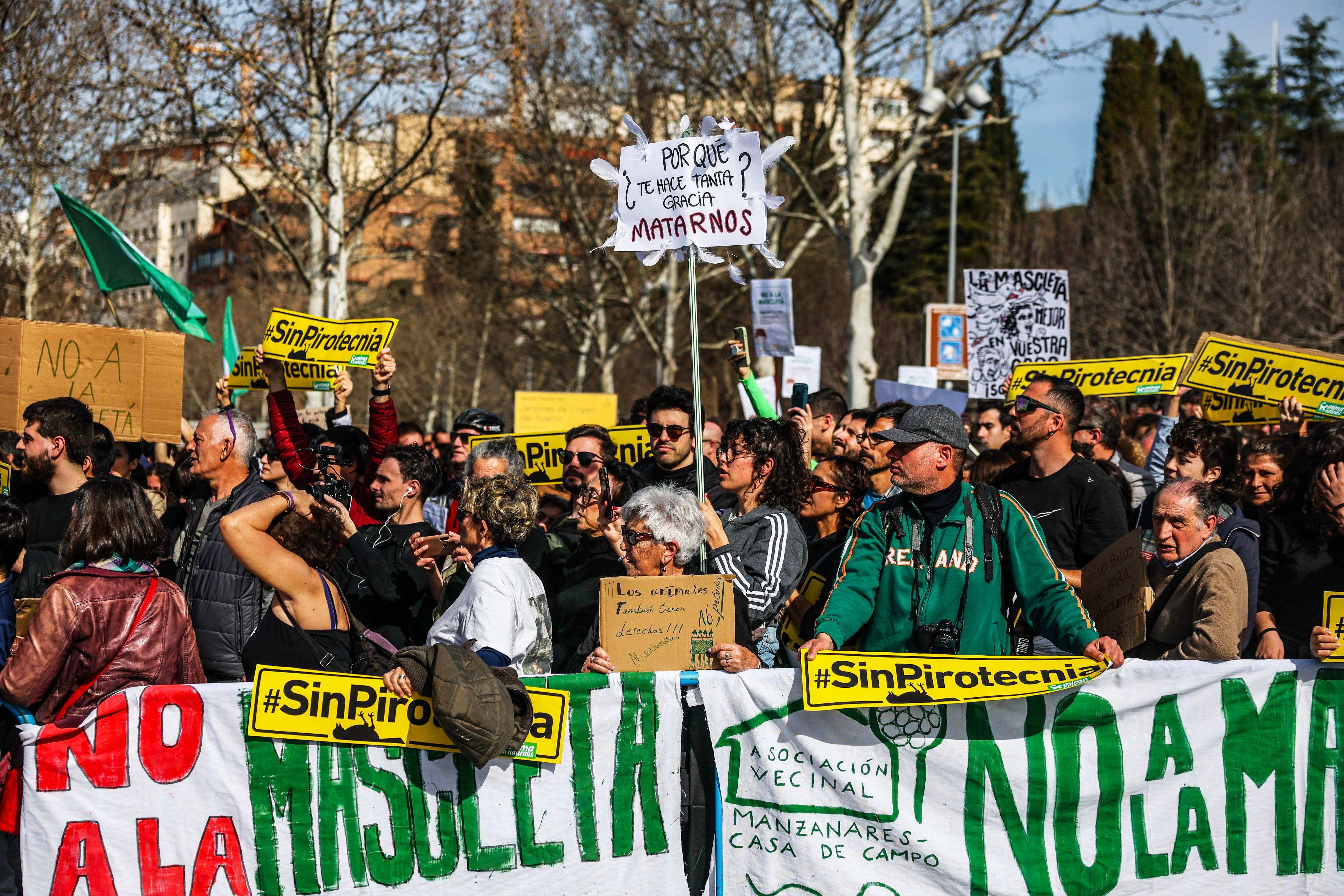 Vecinos de los barrios aledaños a Madrid Río y ecologistas protestan contra el evento pirotécnico. 