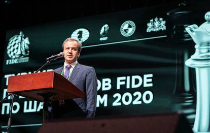 El presidente de la FIDE, Arkady Dvorkóvich, el pasado día 16 durante la inauguración del Torneo de Candidatos en Yekaterimburgo