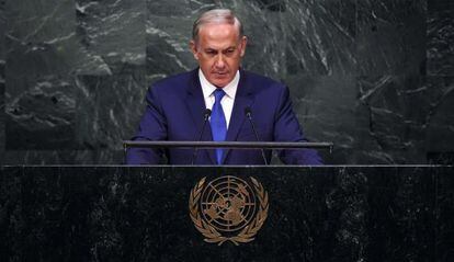 El primer ministro israelí, Benjamín Netanyahu, se dirige al plenario de Naciones Unidas, este jueves en Nueva York.