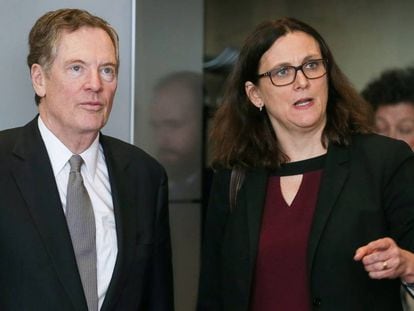 Robert Lighthizer, representante en materia de comercio de EE UU, y Cecilia Malmström, en Bruselas en marzo.