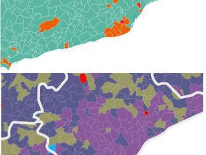 A dalt, resultats a l'àrea de Barcelona el 27-S (el verd és JxSí i el taronja, C's), comparats amb el 20-D, on predomina el lila.