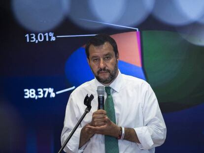 El viceprimer ministro italiano, Mateo Salvini, tras las elecciones europeas de este domingo. 