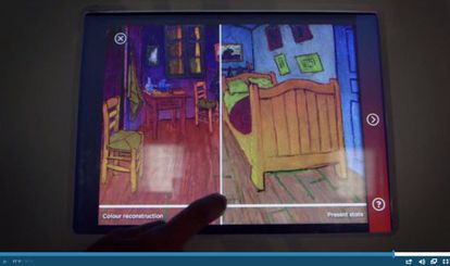 Simulaci&oacute;n digital con los colores originales de &#039;El dormitorio en Arl&eacute;s&#039; (1888), a la izquierda, y estado actual del &oacute;leo de Van Gogh. 