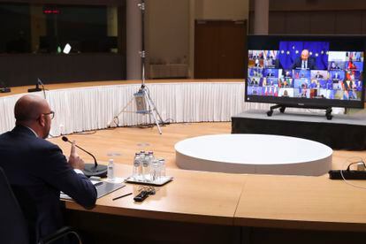 El presidente del Consejo Europeo, Charles Michel, este jueves en la videoconferencia con los líderes europeos.