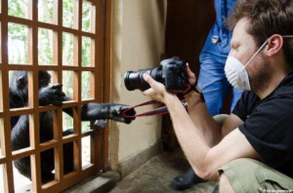Orlando von Einsiedel filmando en el orfanato para gorilas de montaña en Rumangabo.