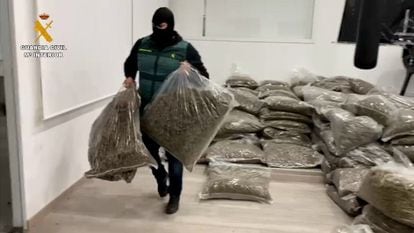 Un agente carga dos sacos de la marihuana incautada en Almería.