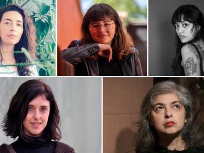 Las escritoras Fernanda Trías, Joana Marcús, Clyo Mendoza, Irene Vallejo y Mariana Enríquez.