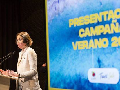 La ministra de Turismo, Reyes Maroto, presenta 'Te mereces España' el miércoles pasado en Alcalá de Henares.