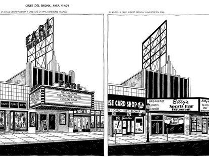 El teatro Earl del Bronx tal como era en 1941 y, a la derecha, hoy convertido en restaurante. 