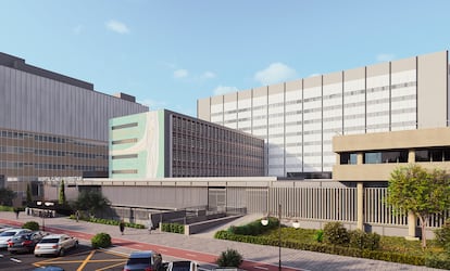 Perspectiva desde la avenida Blasco Ibáñez de la escuela de agrícolas, una vez rehabilitada, y al fondo el futuro nuevo edificio del hospital, según la simulación de la Consejería de Sanidad. A la izquierda, uno de los edificios que ya funcionan del hospital.