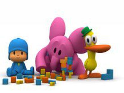 Pocoy&oacute;, Elly y Pato, protagonistas de la serie, jugando a las construcciones.