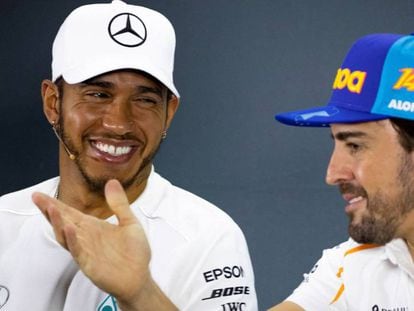 Hamilton y Alonso, en la rueda de prensa del viernes.