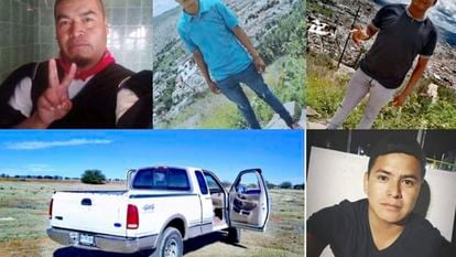 Algunos de los jóvenes wixárikas desaparecidos hace dos semanas en Zacatecas y la camioneta en la que viajaban.