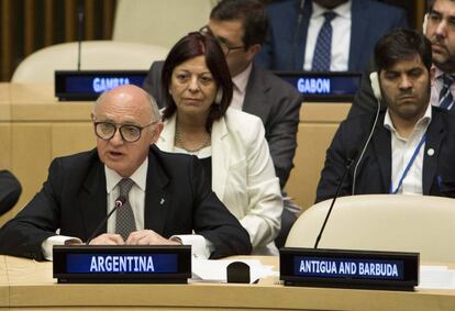 El excanciller Héctor Timerman durante su intervención en la reunión del G 77 en Nueva York, en septiembre de 2015.
