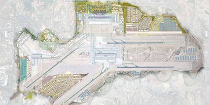 A la izquierda, en azul, la primera fase del polo logístico del Aeropuerto de Barajas.