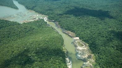 Toma aérea de la cascada Jirijirimo, lugar sagrado para los hijos de Jaguares de Yuruparí, ubicada en el río Apaporis, al norte del departamento de Amazonas, Colombia. 