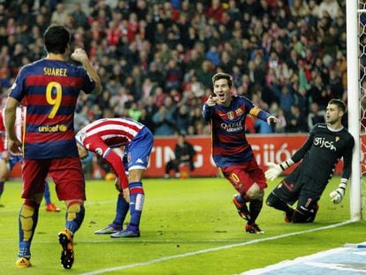 Messi celebra el seu segon gol a l'Sporting.