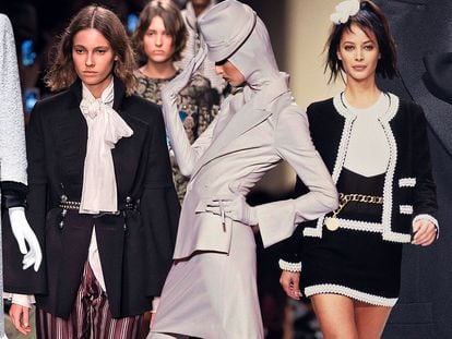 De izquierda a dcha; trajes de Burberry, Jean Paul Gaultier, Chanel e Yves Saint Laurent que forman parte de la exposición 'About time'